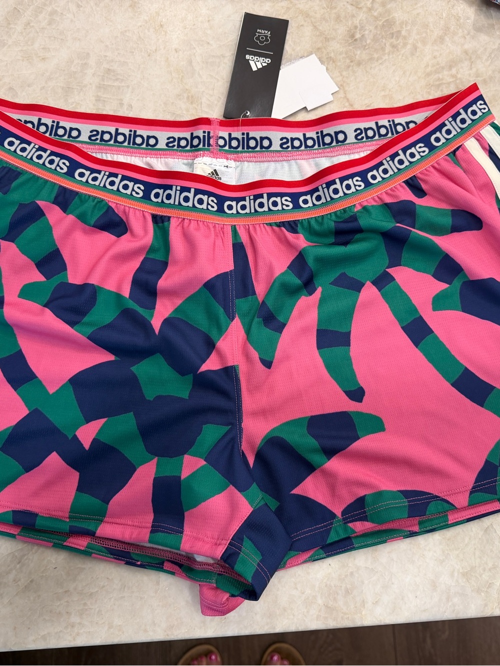 Farm Rio Adidas Pink, Green & Navy Abstract Athletic Shorts NWT XL
